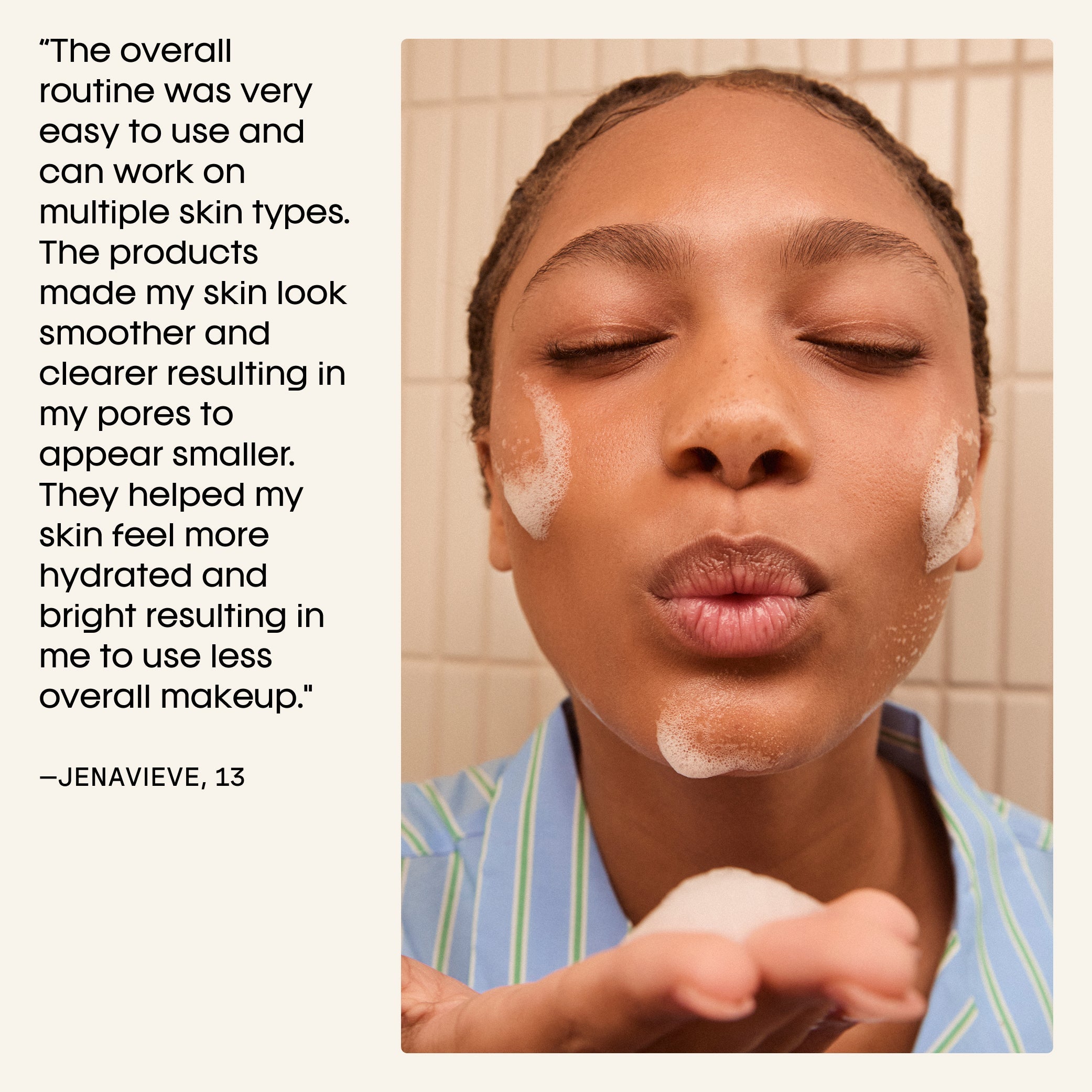 Person applying facial product with text about skincare routine