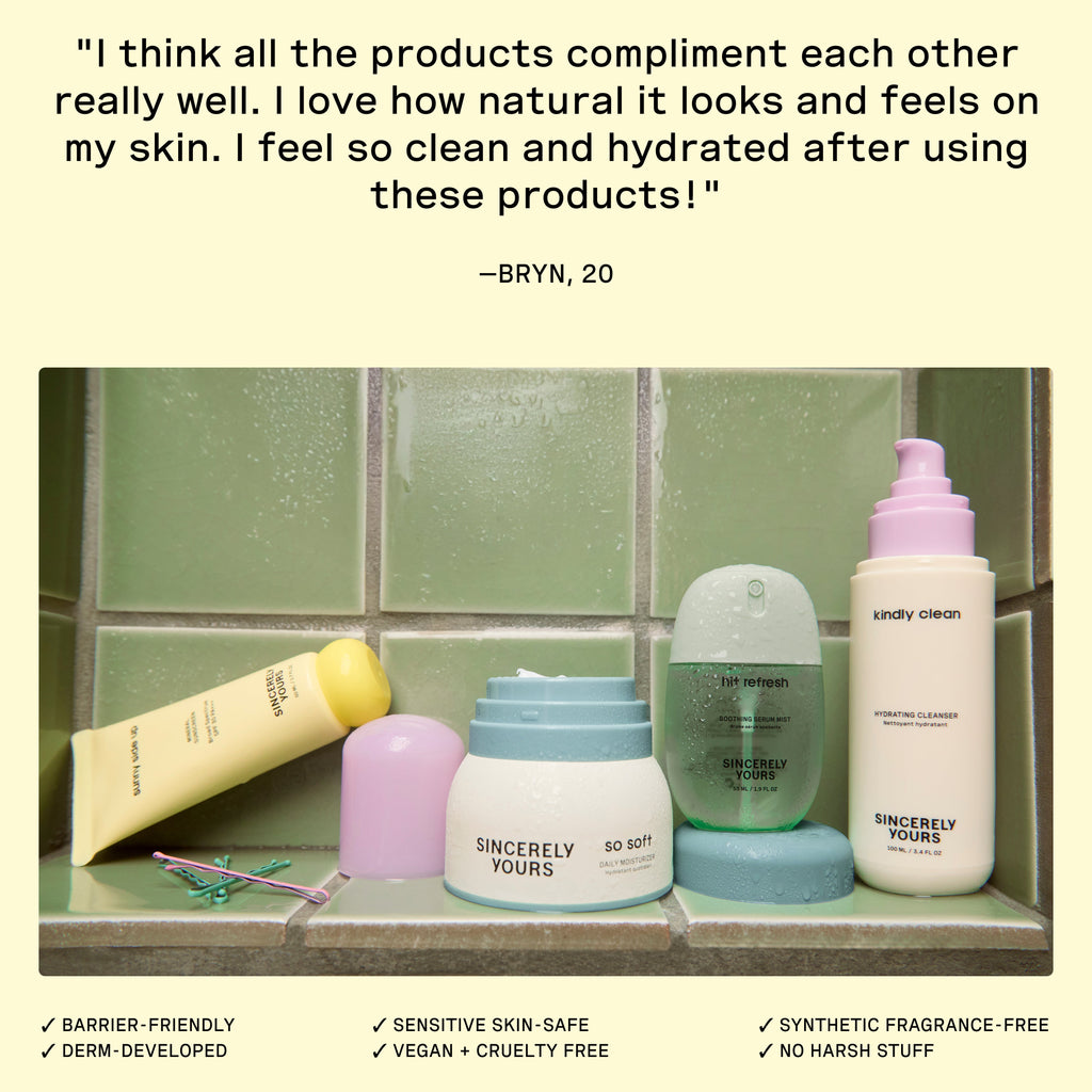 Cosmetic products on a bathroom shelf with a customer review and product features listed.