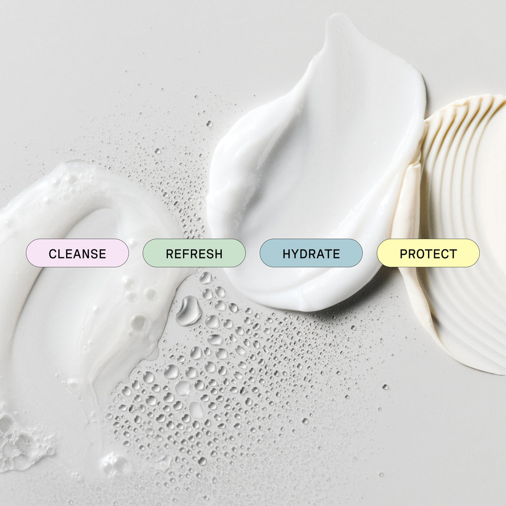 White cream being applied with labels for cleanse, refresh, hydrate, and protect on a light gray background.