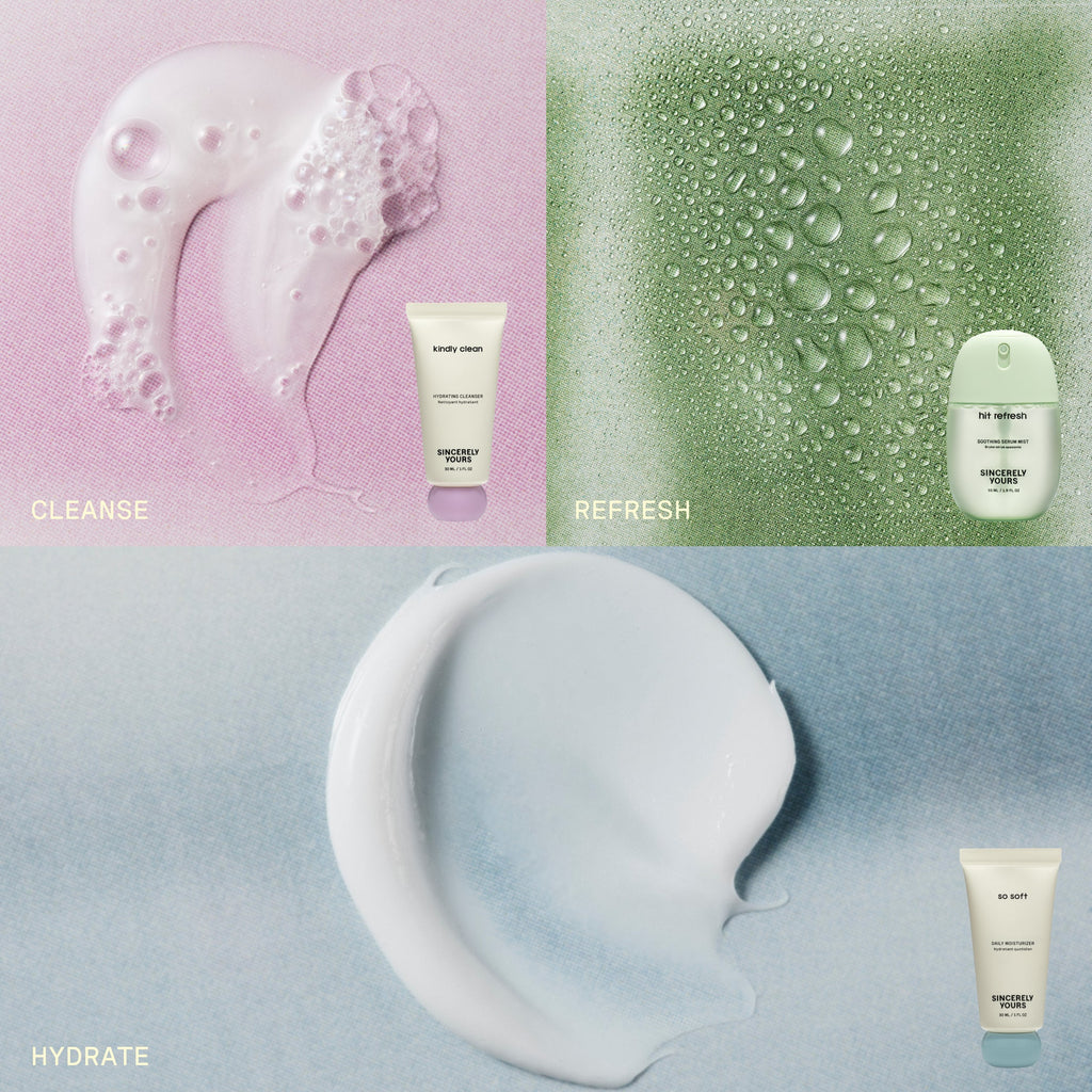Cosmetic products and tools with 'Cleanse', 'Refresh', and 'Hydrate' text on a gradient background.