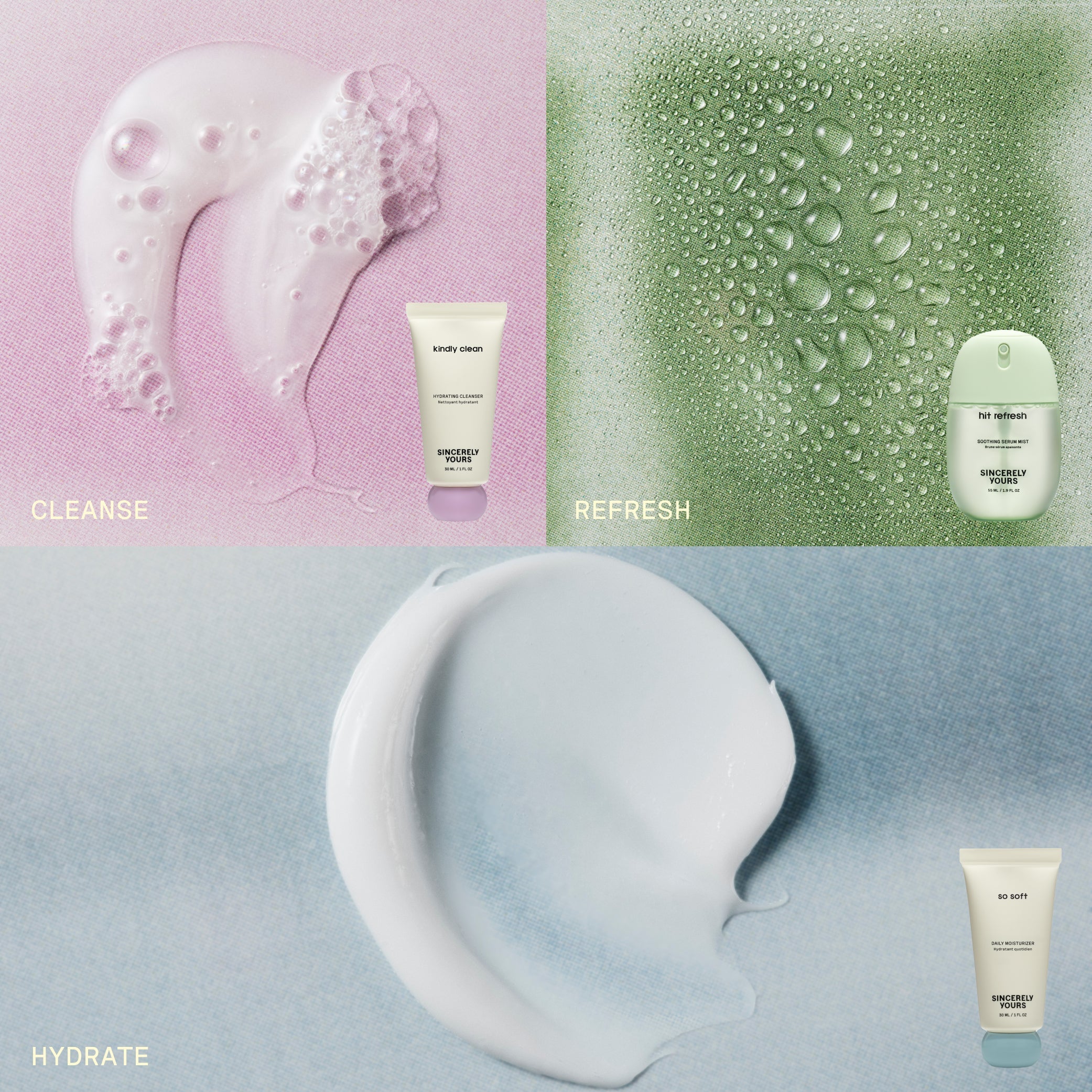 Cosmetic products and tools with 'Cleanse', 'Refresh', and 'Hydrate' text on a gradient background.
