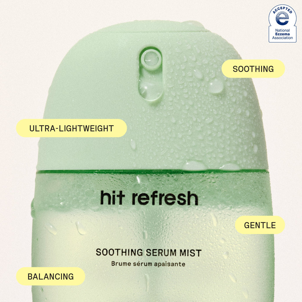 Green serum mist bottle labeled 'hit refresh' with features like ultra-lightweight, soothing, and gentle on a white background.