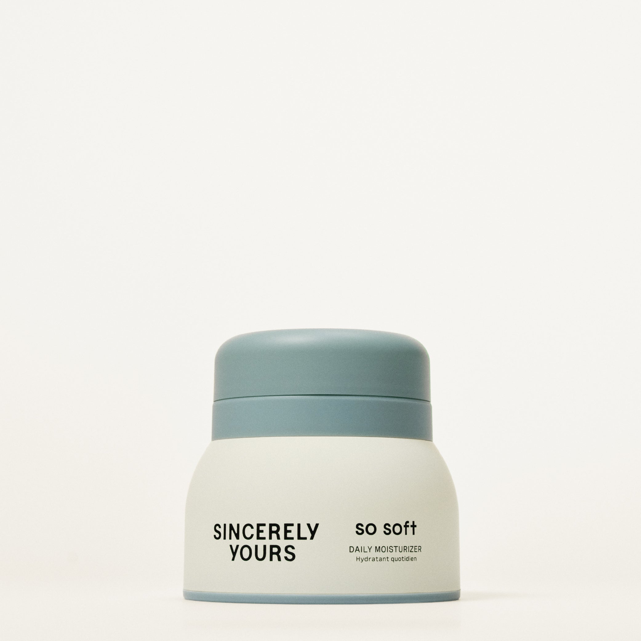 Skincare jar labeled 'Sincerely Yours So Soft' on a white background