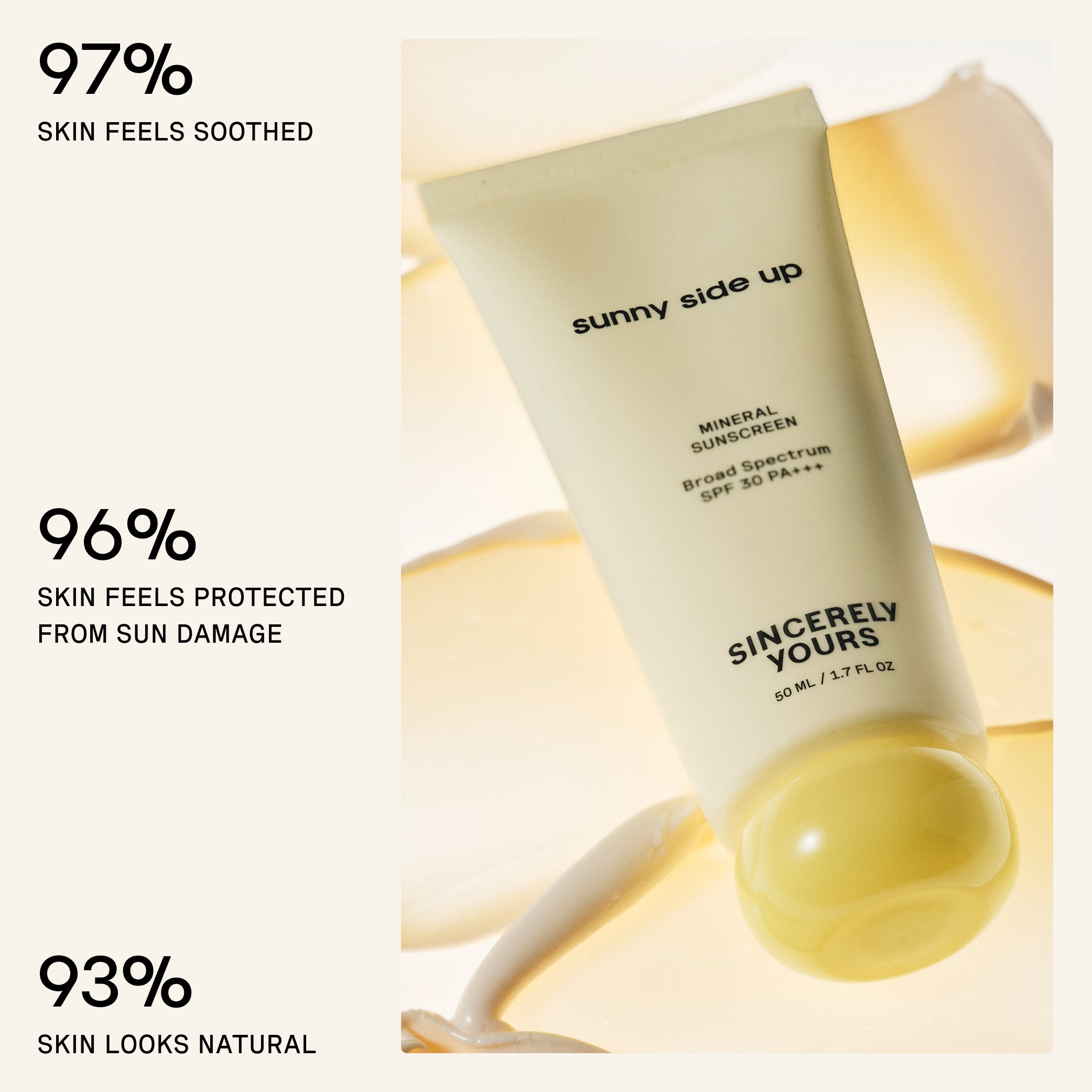 Sunny Side Up sunscreen tube with text indicating skin benefits on a light background